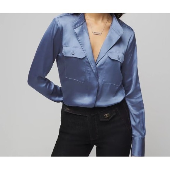 WHBM Long Sleeve Collar Pocket Shirt Button-Up in Steel Blue Satin Sz L  NWT - Picture 14 of 15